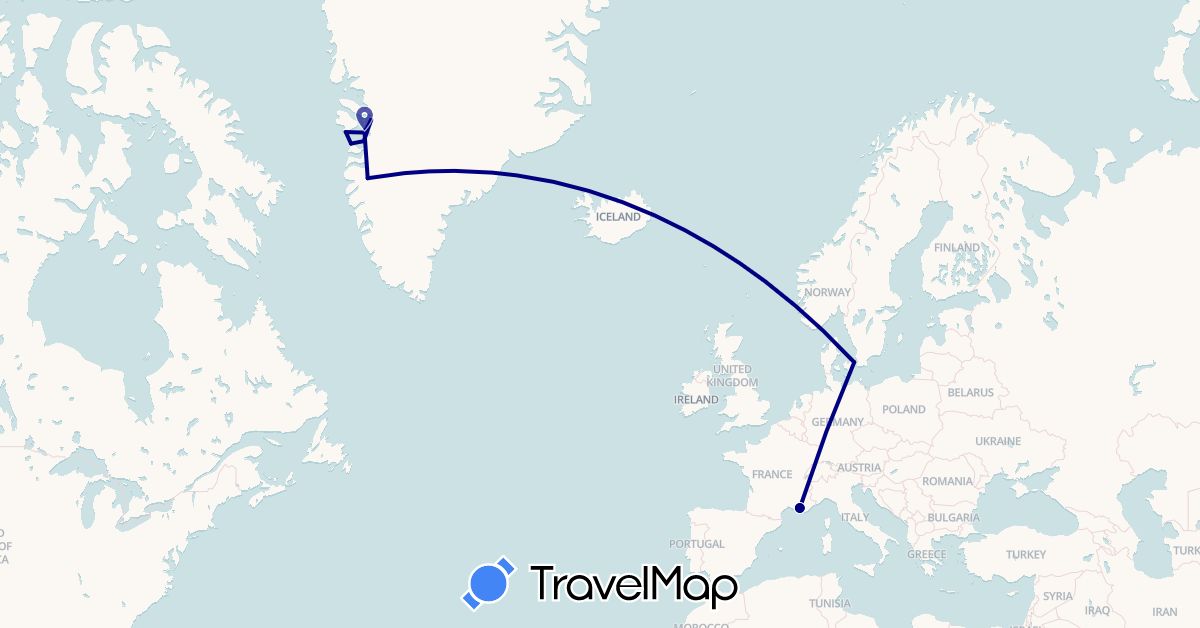 TravelMap itinerary: driving in Denmark, France, Greenland (Europe, North America)